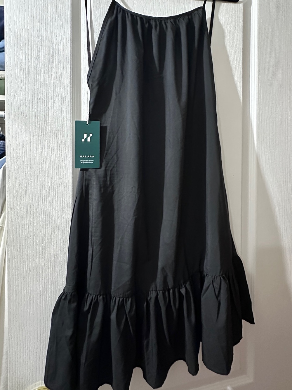 HALARA Black Ruffle-Hem Slip Dress with Spaghetti Straps